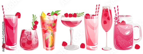 A set of cocktails with raspberries.Summer refreshing drinks: raspberry juice, cocktail, smoothies with raspberries in a jar, mojito with raspberries and lime, Clover club, pink champagne, milkshake.