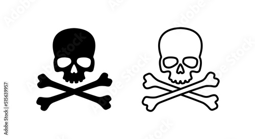 Skull icon. Symbol of poison and danger. Pirate flag attribute. Isolated raster illustration on white background.
