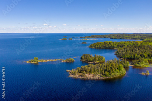 Drone view of Valaam island and Ladoga lake on sunny summer day. Karelia, Russia.