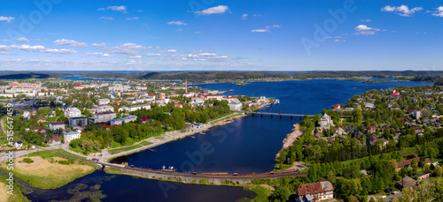 Panoramic drone view of Sortavala town andLyappyarvi lake on sunny summer day. Karelia, Russia.