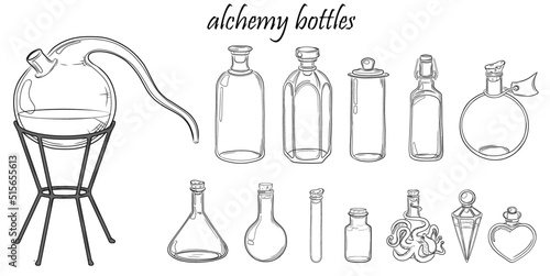 Hand drawn set of alchemy bottlesisolated on white background. Magic alchemy vector illustration with test tube, potion bottle, glass flasks and jars. Chemystry, sience, esoteric, occult.