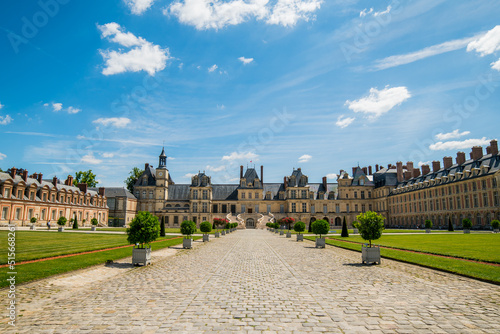Fontainebleau palace (Chateau de Fontainebleau), France. UNESCO World Heritage Site in France. Panorama of the famous palace of Fontainebleau. Most beautiful medieval castles of France. 