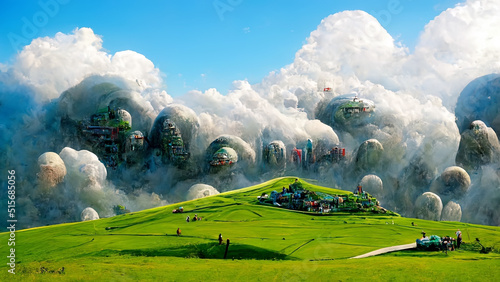 utopian landscape with a city in the distance