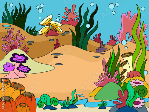 Children coloring, seabed landscape, marine plants. Color picture vector.