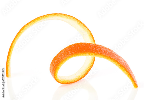 Orange peel isolated on a white background. Spiral orange skin.