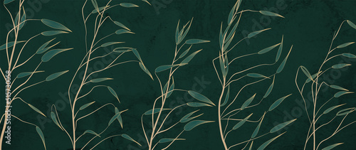 Luxury dark green art background with golden grass. Botanical abstract hand drawn banner for decoration design, wallpaper, interior design, print