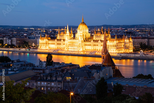 hungary Budapest twilight at Danube River with lit up Hungarian Parliament building