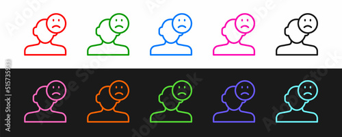 Set line Sad and depressed man, bad mood icon isolated on black and white background. Vector