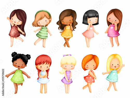 Watercolor illustration set of Cute little girls 