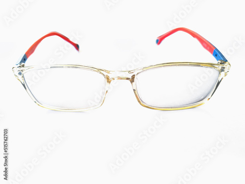 Clear white glasses and red glasses legs on isolated white background.