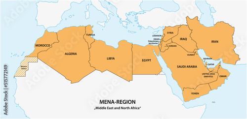 Map of the Mena Region, Middle East and North Africa