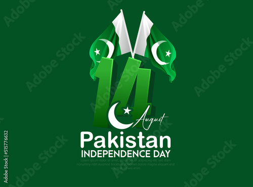Celebrating Pakistan Independence Day 3D text 14 August, waving flag on green background