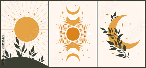 Set of esoteric alchemy mystical magic posters. Crescent, sun, stars, floral elements, sacred geometry. Spiritual talisman, occultism objects. Vector illustration, retro colors