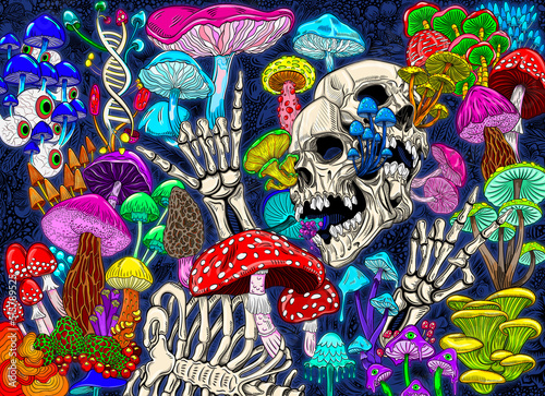 Abstract colorful background with bright magical psychedelic mushrooms and skulls. Hand-drawn print. Hippie magic mushrooms illustration print. Texture background for creativity and advertising