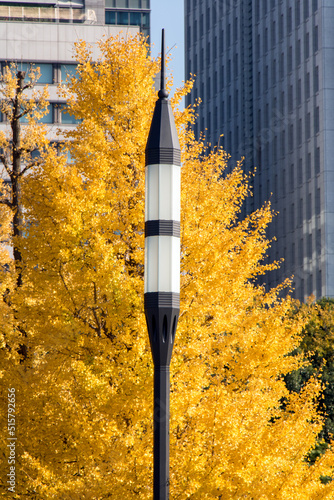 Street lamp with yellow tree on background of modern office buildings in Park, Tokyo, Japan.Autumn in a garden in the center of Tokyo