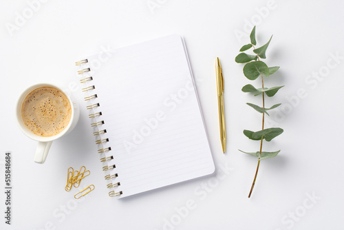 Business concept. Top view photo of workplace open notepad cup of coffee clips gold pen and eucalyptus sprig on isolated white background with blank space