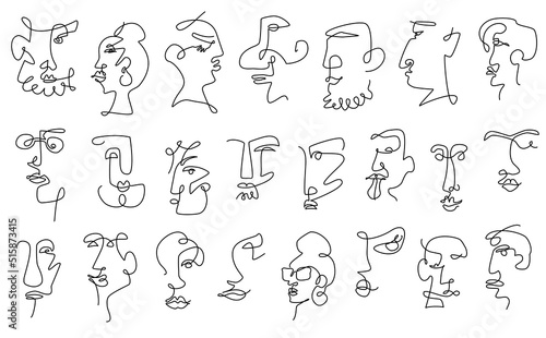 abstract one continuous line male and female funky faces, outline people odd portraits, isolated vector illustration design graphic collection