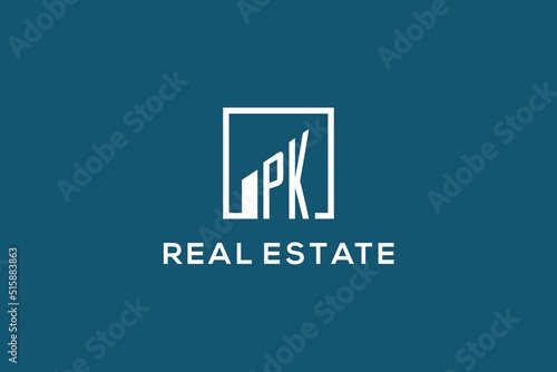 Letter PK square line with building logo design, creative monogram logo style for real estate company