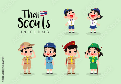 Set of Thai boy and girl scouts uniforms vector illustration. Thai Scouts' attire