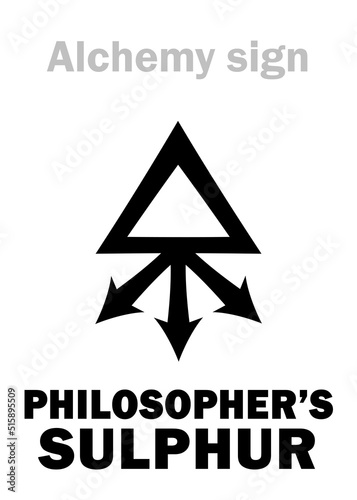 Alchemy Alphabet: SULPHUR PHILOSOPHORUM (Philosophic Sulfur, Philosophers' perfect sulphur, Perfect Sulfur), The dry fiery perfect masculine source. Alchemical sign, Medieval symbol.