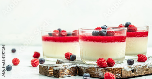 Italian dessert. Raspberry Panna cotta with raspberry jelly on a light background. Berry dessert with cream sauce in small jars. Long banner format. place for text