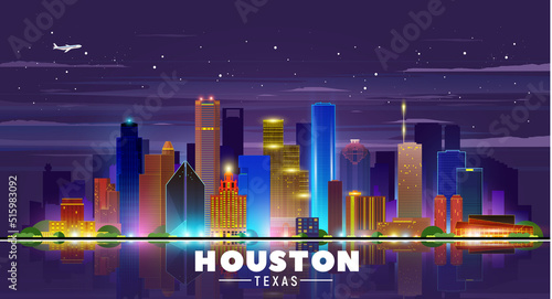 Houston Texas (USA) night city skyline vector illustration on sky background. Business travel and tourism concept with old and modern buildings. Image for presentation, banner, web site.