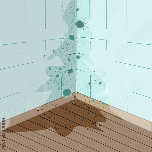 Mold on walls and floor. Mold on wall in bathroom or living room. Mildew in shower.Stains on wall and flooring.Concept of condensation, damp, high humidity and respiratory problems.Vector illustration