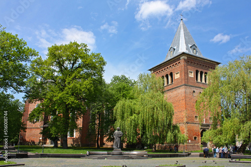 Belfry of the Church of St. Bartholomew and the Monument of Yuri Drogobych in Drogobych, Ukraine 