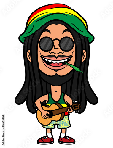 Cartoon illustration of Dreadlocks men wearing sunglasses, beanie hat, tank top, and shorts beach, playing guitar while smoking marijuana, best for mascot, sticker, and logo with reggae music themes