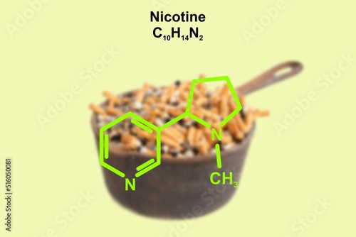 Structural formula of nicotine. Heavily blurred rusty cigarette pot filled with cigarette stipes in background.