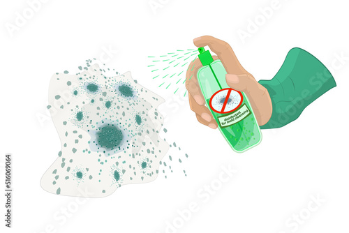 Hand with disinfectant spray bottle for mold clean. Detergent sprayer against mildew and germs in arm.Aerosol can for remove mould.Hand presses the bottle dispenser on mold stain.Mold cleansing.Vector