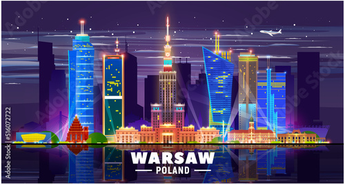 Warsaw (Poland) skyline with panorama on white background. Vector Illustration. Business travel and tourism concept with modern buildings. Image for presentation, banner, web site.