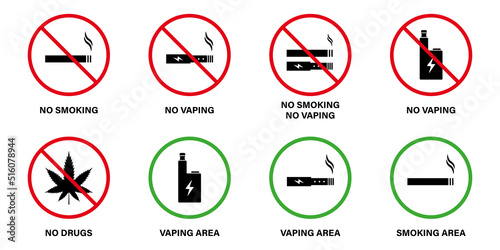 Ban Zone Smoke Drug Electronic Cigarette Nicotine Vaping Set Icon. Notice No Vape Smoke Area Prohibited Pictogram. Allow Smoking Green Sign. Forbidden Smoke Area Sign. Isolated Vector Illustration