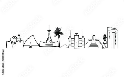 Honolulu Hawaii landmarks and skyline in a simplified line drawing. Hand drawn illustration. Panoramic.