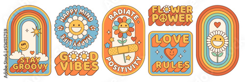 Groovy hippie 70s stickers. Funny cartoon flower, rainbow, peace, Love, heart, daisy, mushroom etc. Sticker pack in trendy retro psychedelic cartoon style. Flower power. Good vibes. Stay groovy.