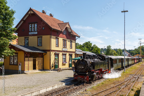 Öchsle steam train locomotive at railway station Ochsenhausen in Germany
