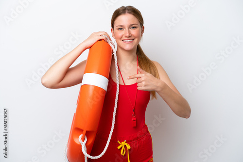 Young caucasian woman isolated on white background with lifeguard equipment and with surprise facial expression