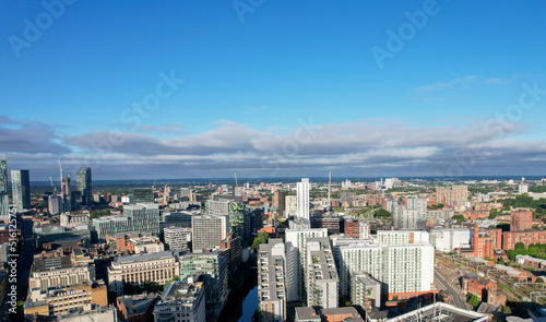 Manchester City Centre Drone Aerial View Above Building Work Skyline Construction Blue Sky Summer 2022