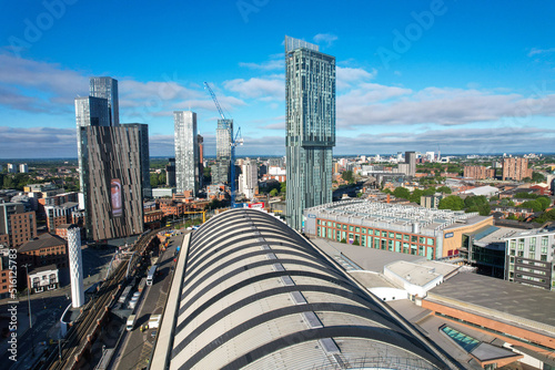 Manchester City Centre Drone Aerial View Above Building Work Skyline Construction Blue Sky Summer 2022 The Midland Hotel
