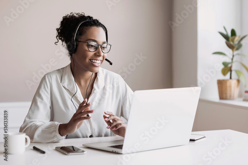 Meeting online. Woman having discussion or web conference chat. Work or study from home, freelance, online video conferencing, e-learning, web chat meeting, distance education, teaching online concept