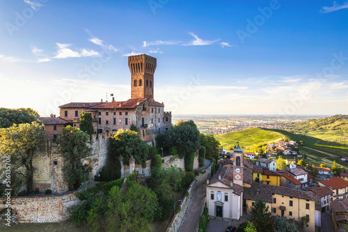 Aerial view of Cigognola Castle with his vineyard in background, Oltrepo Pavese, Pavia, Lombardy, Italy