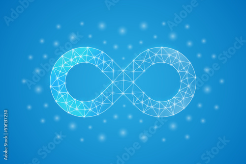 Infinity low poly symbol with white connected dots. 3d geometric polygonal Endlessness. Forever, unlimited design vector illustration.