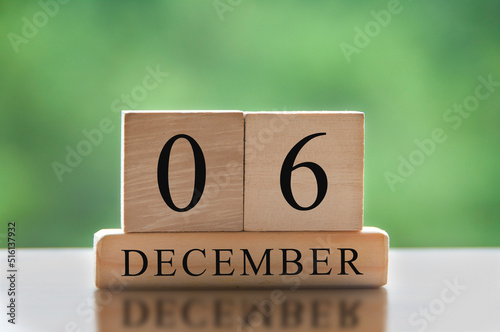 December 6 text on wooden blocks with blurred nature background. Calendar concept