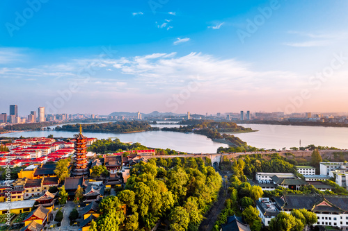 Aerial photography of morning scenery of Jiming Temple in Nanjing, Jiangsu Province, China