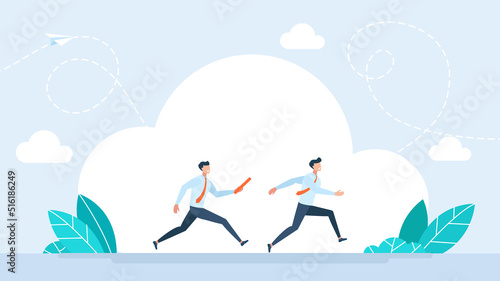 Business baton pass, relay, job handover or partnership and teamwork. Two businessman passing the baton running a relay race. Businessmen colleagues partner while running. Team. Vector illustration