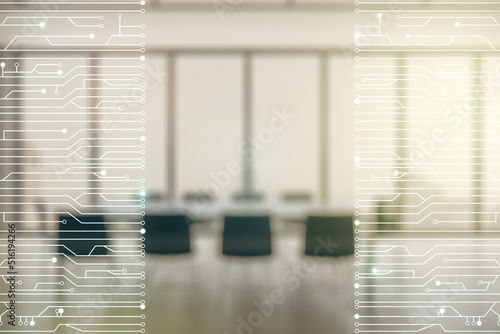 Abstract virtual micro circuit sketch on a modern boardroom background, future technology and AI concept. Double exposure