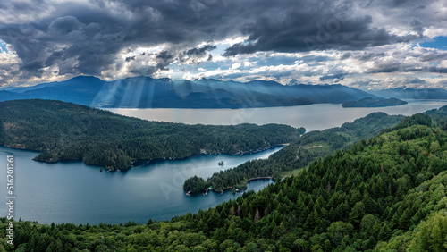 Aerial panorama view of the Harrison Lake and the Long Island, Kent, British Columbia, Canada