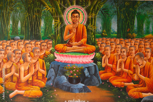 Painting depicting Buddha teaching to monks