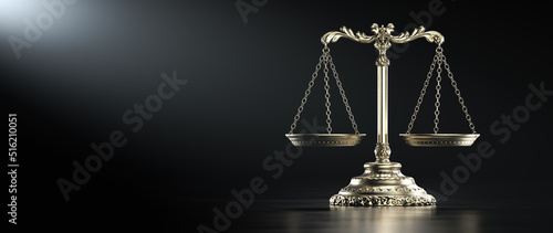 Law Legal System Justice Crime concept. Scales on black background. 3d Render illustration
