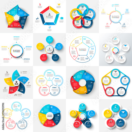 Big set of vector pentagons, circles and other elements for infographic. Business concept with 5 options.